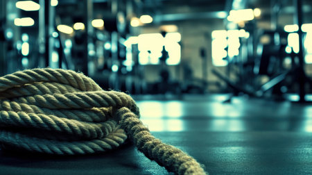A close-up view of a thick rope lying on a gym floor, capturing the essence of strength training and motivation in a fitness center atmosphere.の素材