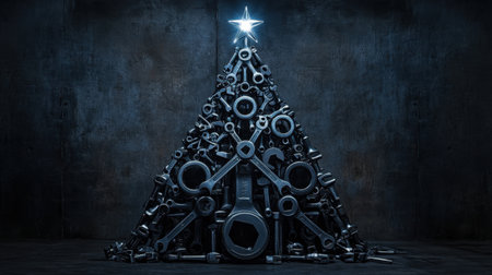 A unique Christmas tree composed of various tools showcases creativity with an industrial twist. The arrangement features a bright star on top, symbolizing innovation and craftsmanship in a festive setting.の素材