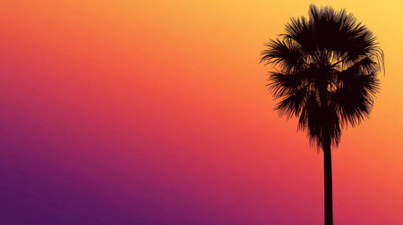 A stunning silhouette of a palm tree captures the essence of a vibrant sunset. The sky transitions through warm hues of orange, purple, and pink, creating an enchanting and tranquil atmosphere.の素材