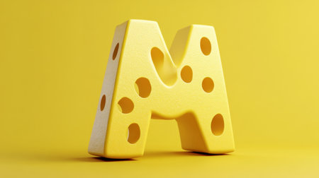 Playful yellow cheese letter M stands prominently against a vivid yellow backdrop, showcasing a fun and creative design perfect for educational themes or vibrant decor.の素材