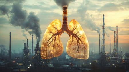This conceptual image showcases a pair of lungs over a polluted industrial landscape, symbolizing the impact of pollution on health and nature.の素材