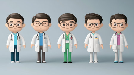A vibrant illustration of five cartoon doctors showcasing various uniforms and friendly expressions. Ideal for representing healthcare themes in creative projects.の素材