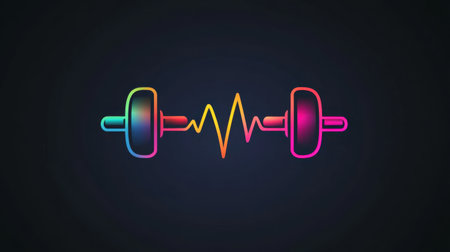 This vibrant and modern graphic features a colorful dumbbell design combined with a heartbeat wave. Ideal for fitness, health, and wellness themes.の素材