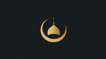 A striking golden silhouette of a mosque dome accompanied by a crescent moon, set against a dark background, symbolizing faith and spirituality in a minimalist design.の素材