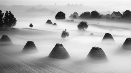 A tranquil black and white landscape featuring mist-covered hills and haystacks. The serene scene invokes a sense of calm and natural beauty.の素材