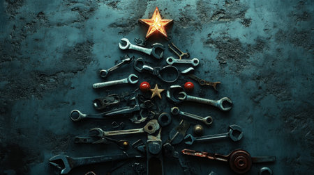 Unique Christmas tree design made from various tools and mechanical parts, showcasing creativity and innovation in holiday decoration. Perfect for DIY enthusiasts.の素材