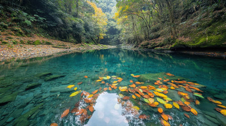 This captivating image features a tranquil river flowing through a lush, green forest adorned with vibrant autumn leaves. The clear water reflects the serene beauty of nature.の素材