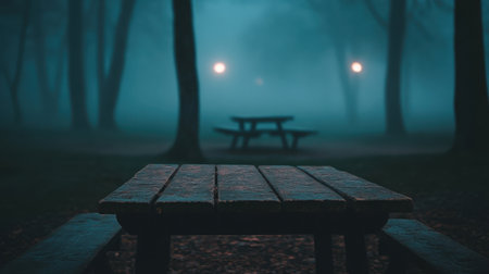 A solitary wooden table set against an evening foggy park backdrop, the soft mist creating a tranquil and mysterious atmosphereの素材