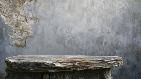 A weathered stone tabletop with earthy tones against a rough grey concrete wall, conveying a sense of age and natural elegance.の素材