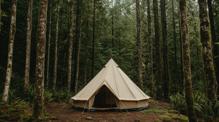 A tranquil forest scene with a canvas tent nestled among towering trees, evoking a serene and rustic vibe.の素材