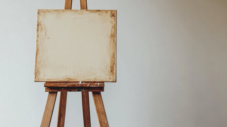 A natural wooden easel holding an empty canvas, isolated on a white backdrop, embodying artistic possibility and simplicityの素材