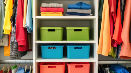 Close-up of an organized closet with labeled storage bins and color-coordinated clothing, perfect for home design ideasの素材