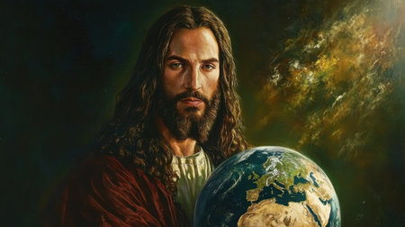 A heavenly portrayal of Jesus with the Earth in his embrace, symbolizing global unity and spiritual guidance.の素材