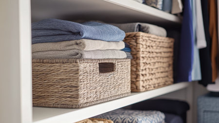 A well-organized closet featuring baskets, bins, and folded clothes, blending functionality with stylish designの素材
