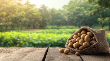 Burlap sack of potatoes nestled on a wooden surface, with a vibrant agricultural field in soft focus evoking freshness and harvestの素材