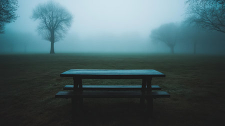 Foggy park with a simple wooden table in the foreground, twilight hues and soft mist creating a peaceful and meditative settingの素材