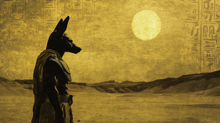 Anubis, the Egyptian god of death, depicted in a surreal desert landscape with glowing hieroglyphic inscriptions.の素材