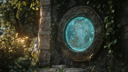 Close-up of an enchanted mirror on a stone wall, showing a portal to a shimmering magical realm filled with mystery.の素材