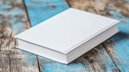 Blank book cover on a rustic wooden table, contrasted with a softly blurred blue background, perfect for mockup and design inspirationの素材