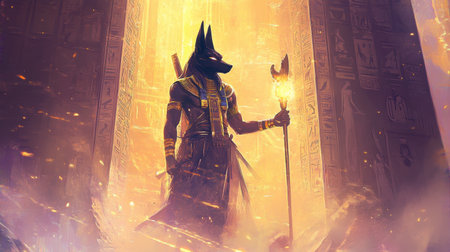 Fantasy digital painting of Anubis holding a glowing scepter, surrounded by ethereal light and ancient Egyptian symbols.の素材