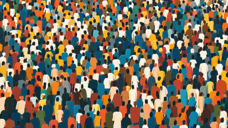Colorful flat illustration of a diverse crowd in various styles, symbolizing inclusion, unity, and community strength.の素材