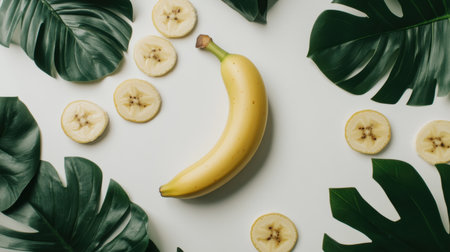 Clean white background showcasing a whole ripe banana surrounded by fresh green leaves, with slices adding visual appealの素材