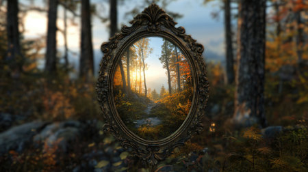 Enchanted mirror in an ornate frame, reflecting a mystical forest bathed in soft light, evoking a sense of wonder and adventure.の素材