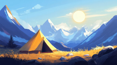 Cozy tent pitched on a grassy ridge, with stunning mountain ranges rising in the background under a clear skyの素材