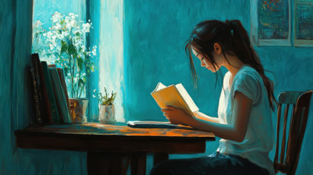 A young woman engrossed in her book at a wooden desk, bathed in gentle light within a teal room that radiates peace and inspirationの素材