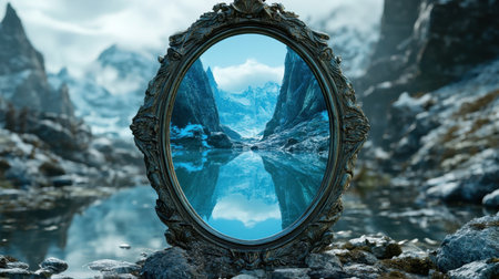 Enchanted mirror glowing softly, revealing a hidden world with magical creatures and breathtaking landscapes.の素材