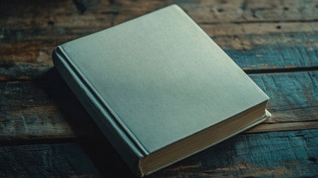 Elegant blank book cover ready for creative ideas, resting on wood, highlighted by a subtle blurred blue gradient backdropの素材