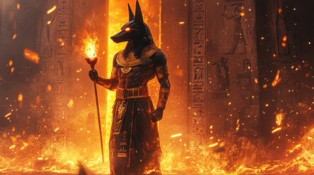 Fantasy digital painting of Anubis holding a glowing scepter, surrounded by ethereal light and ancient Egyptian symbols.の素材
