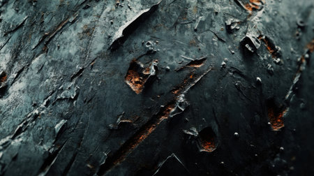 Close-up of a weathered metallic background with rusted edges and rugged scratches, showcasing raw material aesthetics.の素材