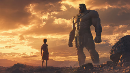 Goliath towering over David with dramatic lighting and stormy skies, emphasizing the epic nature of the biblical battle.の素材