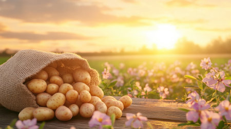 Fresh young potatoes spilling from a burlap bag on a rustic wooden table with a blooming agricultural field in the warm, golden backgroundの素材