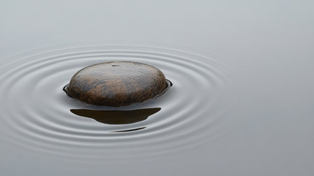 Dropped pebble in still water creating concentric ripples, surrounded by soft light, evoking calm and the beauty of nature.の素材