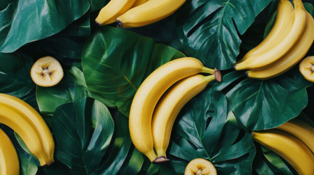 Natural composition of a ripe banana with vibrant green leaves, sliced portions emphasizing the fruit's freshness and beautyの素材