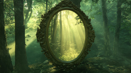 Enchanted mirror in an ornate frame, reflecting a mystical forest bathed in soft light, evoking a sense of wonder and adventure.の素材
