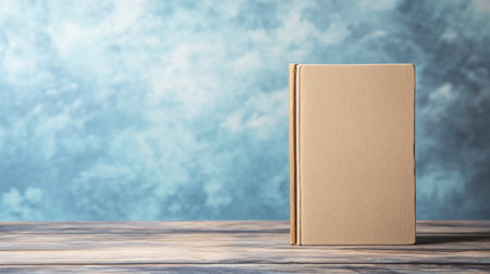 Minimalistic blank book cover standing on a wooden surface, set against a soft blue blurred background, inviting creative customizationの素材