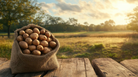 Harvested young potatoes in a burlap bag on aged wood, with a pastoral field in the background, symbolizing rural abundance and freshnessの素材