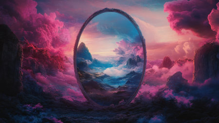 Magical mirror reflecting a surreal otherworldly realm with glowing colors, mysterious landscapes, and ethereal beauty.の素材