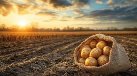 Harvested young potatoes in a burlap bag on aged wood, with a pastoral field in the background, symbolizing rural abundance and freshnessの素材