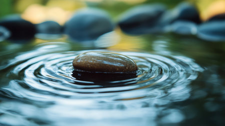 Pebble creating ripples in a serene pond, with soft light and clear reflections, illustrating the ripple effect's mesmerizing impact.の素材