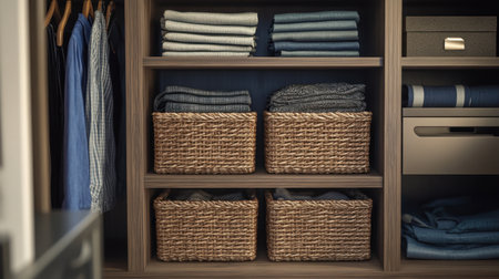 Neatly arranged closet with storage solutions like woven baskets and sleek bins, highlighting interior organizationの素材