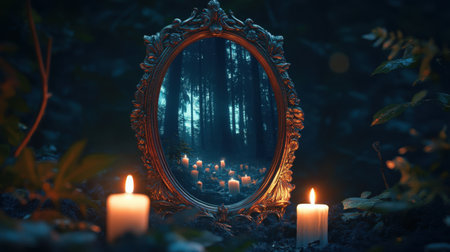 Ornate mirror surrounded by dim candlelight, reflecting a vibrant, dreamlike magical world beyond imagination.の素材