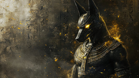 Majestic Anubis portrayed in a dark mystical setting, with glowing eyes and Egyptian symbols, embodying his divine power.の素材