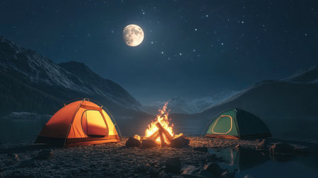 Night camping scene featuring a roaring bonfire, two colorful tents, and a luminous full moon high in the starry sky.の素材