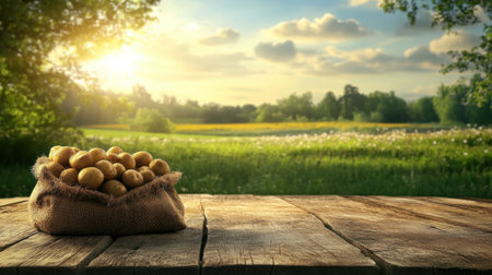 Rustic wooden table holds a burlap bag of young potatoes, with a lush blooming field in the distance and warm sunlight highlighting the sceneの素材