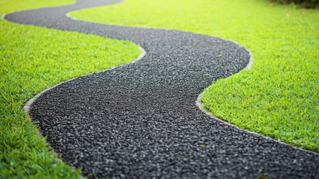 Serene asphalt path flanked by fresh green grass, curving towards the horizon with a peaceful natural settingの素材