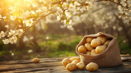 Warm-toned image of a burlap bag of potatoes on a rustic table, framed by the backdrop of a blooming agricultural field bathed in soft lightの素材